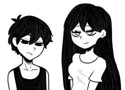 Rule 34 | 1boy, 1girl, annoyed, artist request, black eyes, black hair, black shirt, breasts, brother and sister, collarbone, colored skin, dress, little brother, long hair, mari (omori), marisol (omori), medium breasts, monochrome, older sister, omori, omori (omori), parody, shirt, short hair, short sleeves, siblings, style parody, tank top, the coffin of andy and leyley, white dress, white eyes, white skin