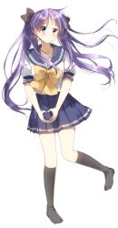 Rule 34 | 1girl, black ribbon, black socks, blue eyes, blue skirt, bow, bowtie, commentary request, eyes visible through hair, full body, hair ribbon, heart, heart hands, highres, hiiragi kagami, kneehighs, long hair, looking at viewer, lucky star, no shoes, pentagon (railgun ky1206), pleated skirt, purple hair, ribbon, school uniform, serafuku, short sleeves, simple background, skirt, socks, solo, standing, standing on one leg, twintails, very long hair, white background, yellow bow, yellow bowtie