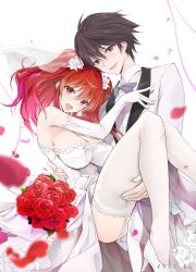 Rule 34 | 1boy, 1girl, black hair, bouquet, bow, bowtie, breasts, bridal veil, brown eyes, carrying, cleavage, commentary request, dress, elbow gloves, flower, garter belt, gloves, highres, kurogane ikki, large breasts, long hair, novel illustration, official art, princess carry, rakudai kishi no cavalry, red eyes, red flower, red hair, red rose, rose, saitou (painfotsai), stella vermillion, thighhighs, tuxedo, twintails, veil, wedding, wedding dress, white thighhighs