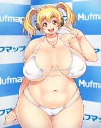 Rule 34 | 1girl, bikini, blonde hair, blush, breasts, cameltoe, cleavage, fat, headphones, highres, huge breasts, looking at viewer, navel, nitroplus, open mouth, orange eyes, plump, short hair, smile, solo, super pochaco, swimsuit, tiny head, twintails, yoohi