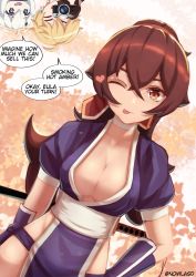 Rule 34 | 1girl, absurdres, aether (genshin impact), amber (genshin impact), blue dress, breasts, brown eyes, brown hair, choker, cleavage, closed mouth, cosplay, cowboy shot, dead or alive, dress, genshin impact, hand on own hip, highres, kasumi (doa), kasumi (doa) (cosplay), large breasts, long hair, looking at viewer, no bra, nowlasd, one eye closed, paimon (genshin impact), pelvic curtain, ponytail, revealing clothes, short sleeves, smile, solo, tongue, tongue out, white choker