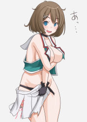 Rule 34 | 1girl, black gloves, black panties, blue eyes, breasts, brown hair, cleavage, clothes pull, commentary request, cowboy shot, gloves, grey background, hair ornament, hairclip, highres, holding, holding clothes, holding skirt, kantai collection, large breasts, maya (kancolle), maya kai ni (kancolle), midriff, no bra, panties, pleated skirt, school uniform, serafuku, short hair, simple background, skirt, sleeveless, solo, t2r, torn clothes, underwear, white skirt, x hair ornament
