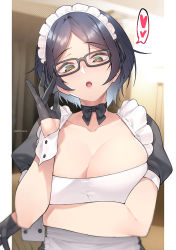 Rule 34 | 1girl, adjusting eyewear, alternate costume, apron, bespectacled, black gloves, blue hair, bow, bowtie, breasts, cleavage, cleavage cutout, clothing cutout, collar, enmaided, frills, glasses, gloves, half gloves, hayami kanade, heart, highres, idolmaster, idolmaster cinderella girls, indoors, jjune, large breasts, looking at viewer, maid, maid headdress, open mouth, short hair, solo, spoken heart, wrist cuffs, yellow eyes