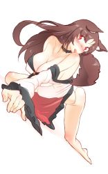 Rule 34 | 1girl, all fours, animal ears, bare shoulders, barefoot, blush, breasts, brown hair, choker, cleavage, clothes lift, commentary request, covered erect nipples, dress, dress lift, full body, hanging breasts, head tilt, highres, imaizumi kagerou, large breasts, licking self, licking shoulder, long hair, looking to the side, no bra, no pants, non (z-art), one-hour drawing challenge, panties, red eyes, simple background, solo, tail, tongue, tongue out, touhou, underwear, white background, white panties, wide sleeves