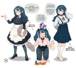 Rule 34 | 1girl, absurdres, alcohol, animal ears, black footwear, blue hair, blue leotard, blue pantyhose, blue shirt, blue skirt, blush, breasts, choker, closed eyes, cup, drinking glass, english text, fake animal ears, freckles, highres, holding, holding tray, kneeling, large breasts, leotard, long hair, long sleeves, looking at viewer, maid, maid headdress, multicolored shirt, original, overall skirt, pantyhose, parted lips, playboy bunny, ponytail, purple eyes, shirt, skirt, socks, solo, speech bubble, striped clothes, striped shirt, sui (suizilla), tray, twintails, white footwear, white shirt, white socks, wine, wine glass