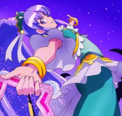 Rule 34 | 10s, 1girl, alternate form, arabian clothes, armpit peek, bracelet, brooch, cure fortune, cure fortune (pine arabian), fortune tambourine, happinesscharge precure!, haruyama kazunori, heart, heart brooch, hikawa iona, jewelry, long hair, lots of jewelry, outstretched arms, ponytail, precure, purple eyes, purple hair, solo, sparkle