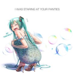 Rule 34 | 1girl, aqua hair, ass, bare legs, closed eyes, commentary request, dress, eyelashes, feet, fingernails, flying sweatdrops, from behind, green hair, hard-translated, hatsune miku, high heels, highres, legs, long hair, nail polish, no socks, open mouth, panties, sandals, see-through, solo, squatting, strap slip, striped clothes, striped panties, tattoo, third-party edit, toenail polish, toenails, toes, translated, transparent, twintails, underwear, very long hair, vocaloid, white background, wokada