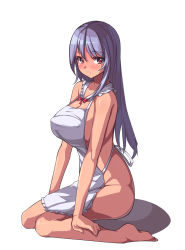 Rule 34 | 1girl, apron, barefoot, blush, breasts, cleavage, covered erect nipples, dark-skinned female, dark skin, full body, large breasts, long hair, looking at viewer, naked apron, original, parted lips, red eyes, saiste, silver hair, simple background, sitting, solo, wariza, white background