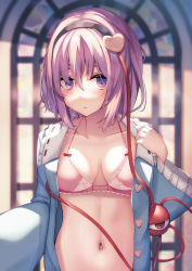 Rule 34 | 1girl, absurdres, blue shirt, blurry, blurry background, blush, bow, bra, breasts, buttons, closed mouth, collarbone, commentary, frilled sleeves, frills, hair between eyes, hair ornament, hairband, heart, heart button, heart hair ornament, highres, komeiji satori, liya, long sleeves, looking at viewer, medium breasts, medium hair, navel, open clothes, open shirt, pink bra, pink hair, raised eyebrows, red bow, shirt, third eye, touhou, underwear, upper body