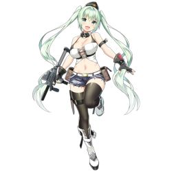 Rule 34 | 1girl, :d, aqua eyes, aqua hair, arm strap, belt, between breasts, black gloves, black thighhighs, blush, boots, breasts, buckle, denim, denim shorts, detached collar, eyebrows, fang, fingerless gloves, full body, girls&#039; frontline, gloves, gradient hair, gun, hair between eyes, hat, holding, holding gun, holding weapon, holster, knee boots, large breasts, leaning forward, leg up, long hair, long sleeves, looking at viewer, machine pistol, micro uzi, micro uzi (girls&#039; frontline), micro uzi (mod3) (girls&#039; frontline), midriff, mod3 (girls&#039; frontline), multicolored hair, navel, official alternate costume, official art, open mouth, short shorts, shorts, sidelocks, sky-freedom, smile, snap-fit buckle, solo, standing, standing on one leg, stomach, submachine gun, thigh strap, thighhighs, transparent background, trigger discipline, twintails, uzi, weapon, white footwear, white hair