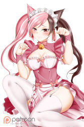 Rule 34 | 1girl, alternate costume, alternate hairstyle, animal ears, bell, blush, breasts, brown eyes, brown hair, cat ears, cleavage, collar, garter straps, heterochromia, highres, jingle bell, kimmy77, long hair, looking at viewer, maid, maid headdress, medium breasts, multicolored hair, neck bell, neo politan, patreon logo, paw pose, pink eyes, pink hair, pink ribbon, puffy short sleeves, puffy sleeves, ribbon, rwby, short sleeves, solo, split-color hair, thighhighs, thighs, twintails, two-tone hair, watermark, web address, white background, white thighhighs, wrist cuffs, zettai ryouiki