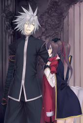 Rule 34 | 1boy, 1girl, arc system works, blazblue, blazblue phase 0, bloodedge, brown eyes, brown hair, cape, celica a. mercury, coat, gloves, green eyes, hair ribbon, hakama, hakama skirt, hand on another&#039;s head, headpat, height difference, japanese clothes, long hair, nanaran, one-eyed, one eye closed, ponytail, ragna the bloodedge, ribbon, short hair, skirt, spoilers, sword, trench coat, weapon, white hair, wink