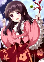 Rule 34 | 1girl, bamboo print, black hair, bow, bowtie, branch, cloud, cowboy shot, floral print, frilled kimono, frilled skirt, frills, full moon, highres, hime cut, holding, holding branch, houraisan kaguya, japanese clothes, kimono, long hair, long sleeves, looking at viewer, moon, multiple bows, night, open mouth, outdoors, pink eyes, pink kimono, red skirt, ruu (tksymkw), skirt, smile, solo, standing, touhou, very long hair, white bow, white bowtie, wide sleeves