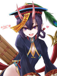 Rule 34 | 1girl, :d, alternate costume, alternate hairstyle, braid, chinese clothes, cleavage cutout, clothing cutout, fate/grand order, fate (series), flat chest, hat, haura akitoshi, heart, horns, jiangshi, ofuda, oni, open mouth, qingdai guanmao, short eyebrows, shuten douji (fate), shuten douji (festival outfit) (fate), simple background, smile, solo, twitter username, white background