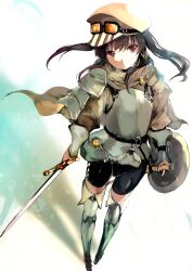 Rule 34 | 1girl, agulo, armor, belt, bike shorts, black hair, boots, breastplate, buckle, el mofus (black hair female), expressionless, full body, goggles, goggles on headwear, hat, highres, holding, holding sword, holding weapon, looking at viewer, rance (series), rance 10, red eyes, shadow, shield, simple background, solo, sword, thigh boots, twintails, weapon