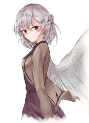 Rule 34 | 1girl, braid, breasts, dress, feathered wings, french braid, highres, jacket, kishin sagume, long sleeves, lucky chicken, open clothes, open jacket, purple dress, red eyes, short hair, single wing, solo, touhou, white wings, wings