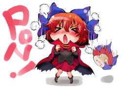 Rule 34 | &gt; &lt;, 1girl, anpanman, bow, cape, disembodied head, closed eyes, hair bow, highres, open mouth, red hair, sekibanki, shinapuu, shirt, skirt, solo, touhou
