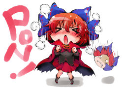 &gt;_&lt; 1girl anpanman bow cape closed_eyes disembodied_head female_focus hair_bow highres open_mouth red_hair sekibanki shinapuu shirt skirt solo touhou