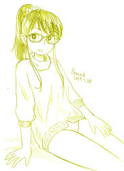 Rule 34 | 1girl, black hair, commentary request, glasses, graphite (medium), hair ornament, hair scrunchie, hand on thigh, koiwai koharuko, long hair, long sleeves, looking away, monochrome, open mouth, panties, peacock (p-location), ponytail, scrunchie, signature, simple background, sitting, sketch, solo, sweater, thighs, traditional media, turtleneck, turtleneck sweater, underwear, white background, white scrunchie, yotsubato!
