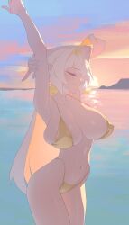 1girl ahoge arm_behind_head arms_up bikini blonde_hair breasts chinese_commentary closed_eyes commentary elf highres huge_breasts long_hair multicolored_hair navel ocean original pointy_ears solo standing sunset swimsuit two-tone_hair water white_hair wohaimeiyou