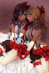 Rule 34 | 10s, 2girls, ayase eli, black bow, blue hair, blue neckwear, blush, bokura wa ima no naka de, bow, bridal garter, closed mouth, clothing cutout, cowboy shot, earrings, fingerless gloves, frills, gloves, hair between eyes, hair ribbon, hand on another&#039;s chin, heart cutout, highres, jewelry, long hair, looking at viewer, love live!, love live! school idol project, multiple girls, navel, necktie, non-web source, open mouth, plaid, plaid skirt, puffy short sleeves, puffy shorts, puffy sleeves, red gloves, red skirt, ribbon, scan, shirt, short sleeves, shorts, sitting, skirt, sonoda umi, striped neckwear, suspender skirt, suspenders, white shirt, yana mori, yellow eyes