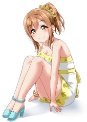 Rule 34 | 1girl, alternate hairstyle, ankle strap, bare legs, bare shoulders, blue footwear, blush, bracelet, breasts, brown eyes, brown hair, cleavage, commentary request, dress, full body, high heels, jewelry, knees up, kunikida hanamaru, looking at viewer, love live!, love live! school idol festival, love live! sunshine!!, medium breasts, ponytail, sash, scrunchie, shadow, sidelocks, sitting, smile, solo, spaghetti strap, sundress, white background, yellow scrunchie, yopparai oni