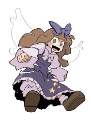 Rule 34 | 1girl, :d, absurdres, blue bow, blue dress, blunt bangs, bobby socks, bow, brown eyes, brown footwear, brown hair, commentary, dress, eddybird55555, english commentary, fairy wings, full body, hair bow, highres, long hair, looking at viewer, open mouth, ringed eyes, simple background, smile, socks, solo, star (symbol), star print, star sapphire, touhou, white background, white socks, wings