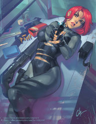 Rule 34 | 1girl, aiming, aiming at viewer, ammunition box, black gloves, black leotard, bodysuit, boots, breasts, bullet, capcom, chuck pires, commentary, dappled sunlight, deviantart sample, dino crisis, english commentary, feet out of frame, finger on trigger, fingerless gloves, gloves, grey bodysuit, gun, handgun, holding, holding gun, holding weapon, holster, image sample, knee boots, large breasts, leotard, lips, lipstick, lying, magazine (weapon), makeup, nose, on back, pistol, red hair, regina, short hair, shotgun, shoulder pads, solo, sunlight, thigh holster, torn bodysuit, torn clothes, torn leotard, watermark, weapon, web address