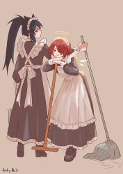Rule 34 | 2girls, :p, absurdres, alternate costume, animal ears, apron, arknights, artist name, back bow, black dress, black footwear, black hair, bow, broom, brown background, detached wings, dress, energy wings, enmaided, extra ears, exusiai (arknights), fishyyuzi, hair over one eye, halo, highres, holding, holding broom, holding mop, leaning on object, long hair, looking at viewer, looking back, maid, maid apron, maid headdress, mop, multiple girls, no tail, one eye covered, orange eyes, ponytail, red eyes, red hair, shoes, short hair, sidelocks, simple background, standing, texas (arknights), tongue, tongue out, white apron, white bow, wings, wolf ears, wolf girl
