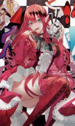 Rule 34 | 1girl, absurdres, artist name, baobhan sith (fate), baobhan sith (first ascension) (fate), black nails, blue eyes, fate/grand order, fate (series), frills, hair between eyes, highres, holding, holding skull, long hair, looking at viewer, nail polish, open mouth, pink hair, pink thighhighs, pointy ears, shei99, skull, teeth, thighhighs, twitter username, upper teeth only
