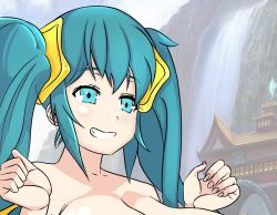 Rule 34 | 1girl, bare shoulders, breasts, cleavage, huge breasts, league of legends, smile, sona (league of legends), twintails