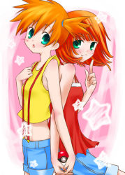 Rule 34 | 2girls, back-to-back, bad id, bad pixiv id, bare shoulders, blush, creatures (company), crossover, dual persona, game freak, green eyes, gym leader, holding, holding hands, holding poke ball, midriff, misty (pokemon), multiple girls, nintendo, open mouth, orange hair, parody, poke ball, poke ball (basic), pokemon, pokemon adventures, red hair, short hair, shorts, side ponytail, smile, star (symbol), strib und werde, suspenders, time paradox