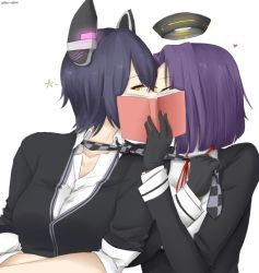 Rule 34 | 10s, 2girls, book, censored kiss, checkered clothes, checkered necktie, checkered neckwear, closed eyes, covering face, gloves, halo, headgear, heart, implied kiss, kantai collection, kiss, looking at viewer, mechanical halo, multiple girls, necktie, purple hair, short hair, star (symbol), tatsuta (kancolle), tenryuu (kancolle), udon-udon, yellow eyes, yuri