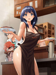 Rule 34 | 10s, 1girl, 3boys, apron, black-framed eyewear, black apron, black hair, blue eyes, blue hair, blush, borr, breasts, cleavage, collarbone, commentary request, counter, cup, drinking glass, glasses, gridman universe, hair between eyes, hibiki yuuta, highres, holding, holding plate, indoors, large breasts, looking at viewer, multiple boys, naked apron, obaoba (monkeyix), open mouth, plate, red hair, shelf, ssss.gridman, standing, takarada rikka, teeth, upper teeth only, utsumi shou