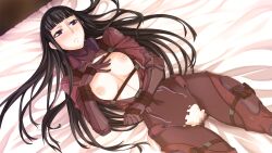 Rule 34 | 1girl, bed, black hair, blunt bangs, blush, bodysuit, bradyon veda, breasts, breasts out, censored, covered navel, embarrassed, feet out of frame, female focus, from above, game cg, groin, hand on own chest, indoors, kiryuu shion, legs, long hair, lying, mosaic censoring, nipples, on bed, open bodysuit, open clothes, original, purple eyes, pussy, small breasts, solo, thighs, torn clothes, zunta