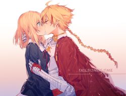 Rule 34 | 1boy, 1girl, armor, blonde hair, blue eyes, braid, breastplate, cape, closed eyes, copyright name, cowboy shot, fate/strange fake, fate (series), from side, gauntlets, hand in another&#039;s hair, hetero, highres, kiss, long braid, red cape, richard i (fate), sajou ayaka (fate/prototype), sajou ayaka (fate/strange fake), school uniform, tian yuannan, white background
