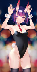 Rule 34 | 1girl, absurdres, animal ears, armpits, arms up, bare shoulders, black leotard, black thighhighs, blush, bob cut, breasts, covered navel, detached collar, eyeliner, fake animal ears, fate/grand order, fate (series), highleg, highleg leotard, highres, horns, leotard, licking lips, looking at viewer, makeup, oni, playboy bunny, purple eyes, purple hair, rabbit ears, rabbit pose, rabbit tail, sabi (rupf2384), short hair, shuten douji (fate), skin-covered horns, small breasts, smile, solo, tail, thighhighs, tongue, tongue out, wrist cuffs
