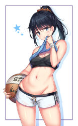 Rule 34 | 10s, 1girl, ball, basketball, basketball (object), black bra, black hair, blue eyes, blush, bra, breasts, cenangam, cleavage, from behind, gridman universe, groin, holding, holding ball, long hair, looking at viewer, medium breasts, navel, nike (company), open mouth, orange scrunchie, outside border, panties, ponytail, scrunchie, short shorts, shorts, simple background, singlet, solo, sports bra, ssss.gridman, star (symbol), stomach, sweat, takarada rikka, thighs, underwear, white background, wiping sweat, wristband