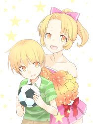 Rule 34 | 10s, 1boy, 1girl, anima yell!, ball, blonde hair, bow, brother and sister, cheerleader, hair bow, holding, holding pom poms, looking at viewer, polo shirt, pom pom (cheerleading), pom poms, ponytail, sawatari uki, shirt, siblings, simple background, sio (kurara), soccer ball, star (symbol), striped clothes, striped shirt, telstar, white background, yellow eyes