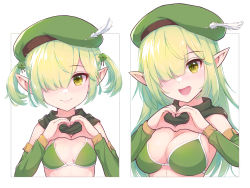 1girl :d aged_up aoi_(princess_connect!) bad_id bad_pixiv_id beret bikini breasts closed_mouth coba_(coba_xp) commentary_request detached_sleeves feathers green_bikini green_eyes green_hair green_headwear hair_ornament hair_over_one_eye hat hat_feather heart heart_hands highres long_hair medium_breasts open_mouth pointy_ears princess_connect! short_hair simple_background small_breasts smile swimsuit two_side_up upper_body white_background