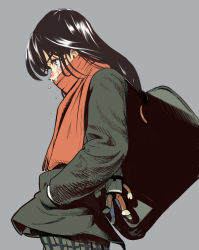 Rule 34 | 1girl, bad id, bad pixiv id, bag, black hair, blush, covering own mouth, crying, from side, grey background, hands in pockets, long hair, magomago, red scarf, scarf, simple background, solo, tears