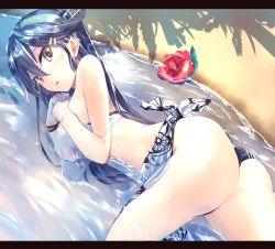 Rule 34 | 10s, 1girl, ass, beach, bikini, bikini top only, black hair, brown eyes, flower, hair ornament, hairclip, haruna (kancolle), headgear, kantai collection, kyougoku touya, letterboxed, long hair, looking at viewer, lying, on side, open mouth, outdoors, partially submerged, sarong, shadow, sidelocks, solo, swimsuit, water, white bikini