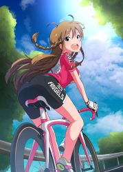 Rule 34 | 1girl, :d, absurdres, ahoge, asanaya, ass, bare legs, bicycle, bike jersey, bike shorts, blue eyes, blush, braid, breasts, brown hair, clothes writing, cloud, cloudy sky, day, fingerless gloves, from behind, gloves, guard rail, highres, idolmaster, idolmaster million live!, kousaka umi, long hair, looking at viewer, looking back, medium breasts, open mouth, outdoors, riding, riding bicycle, round teeth, short sleeves, sky, smile, solo, sunlight, sweat, teeth, tree, twin braids, upper teeth only, white gloves