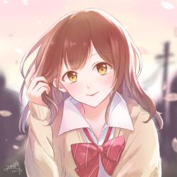 Rule 34 | 1girl, blurry, blurry background, blush, bow, bowtie, brown cardigan, brown hair, cardigan, closed mouth, collared shirt, commentary, dated, dress shirt, falling petals, tucking hair, hige wo soru. soshite joshikousei wo hirou., highres, long hair, looking at viewer, lunabi, ogiwara sayu, petals, red bow, red bowtie, school uniform, shirt, sidelocks, signature, solo, upper body, variant set, white background, white shirt
