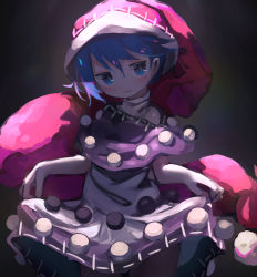 Rule 34 | 1girl, black background, black capelet, blue eyes, blue hair, capelet, chii (tsumami tsumamare), closed mouth, clothes lift, cowboy shot, doremy sweet, dress, dress lift, hat, highres, lifting own clothes, looking at viewer, nightcap, pom pom (clothes), red hat, shade, short hair, simple background, solo, standing, touhou, white dress