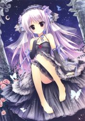 Rule 34 | 1girl, absurdres, barefoot, black dress, bridal gauntlets, bug, butterfly, clothes between thighs, crescent moon, dress, feet, flower, hairband, hand on own chest, highres, insect, light purple hair, lolita hairband, moon, original, purple eyes, rose, scan, shiramori yuse, sitting, sky, smile, star (sky), starry sky, toes