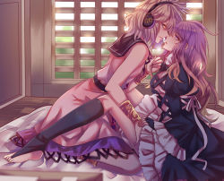 Rule 34 | 2girls, bad id, bad pixiv id, bare arms, between legs, black gloves, black legwear, blonde hair, bracelet, breasts, collared dress, dress, earmuffs, frilled dress, frilled sleeves, frills, futon, gloves, gradient background, hand on another&#039;s thigh, hand on thigh, highres, hijiri byakuren, indoors, jewelry, juliet sleeves, long hair, long sleeves, looking at another, multiple girls, nga (ray ray), parted lips, profile, puffy sleeves, purple eyes, ribbon, sleeveless, sleeveless dress, toeless legwear, touhou, toyosatomimi no miko, very long hair, wavy hair, white ribbon, wide sleeves, yellow eyes, yuri