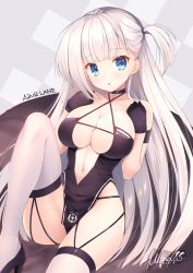 Rule 34 | 1girl, azur lane, bare shoulders, black choker, black dress, black footwear, black gloves, blue eyes, blush, breasts, choker, cleavage, commentary request, copyright name, criss-cross halter, dated, dress, feet out of frame, gloves, halterneck, hands up, high heels, highres, knee up, large breasts, long hair, mitha, mole, mole under eye, official alternate costume, one side up, parted lips, race queen, resolution mismatch, shoes, shoukaku (azur lane), shoukaku (sororal wings) (azur lane), signature, skindentation, solo, source smaller, thighhighs, very long hair, white hair, white thighhighs