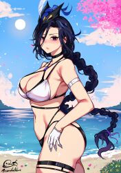 Rule 34 | 1girl, :/, absurdres, anandaname, arm strap, bikini, black choker, black hair, blush, braid, braided ponytail, breasts, cherry blossoms, choker, cleavage, clorinde (genshin impact), cloud, cowboy shot, day, ear blush, from side, genshin impact, gloves, hat, highres, large breasts, long hair, looking at viewer, navel, outdoors, purple eyes, signature, solo, stomach, sun, swimsuit, thigh strap, tricorne, very long hair, water, white bikini, white gloves