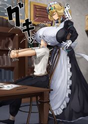 Rule 34 | 1boy, 1girl, apron, barghest (fate), between breasts, blonde hair, blurry, blurry background, breasts, chair, fate (series), femdom, gloves, heterochromia, huge breasts, maid, maid headdress, room, sirosoil, sitting, size difference, sweat, tall female, translation request